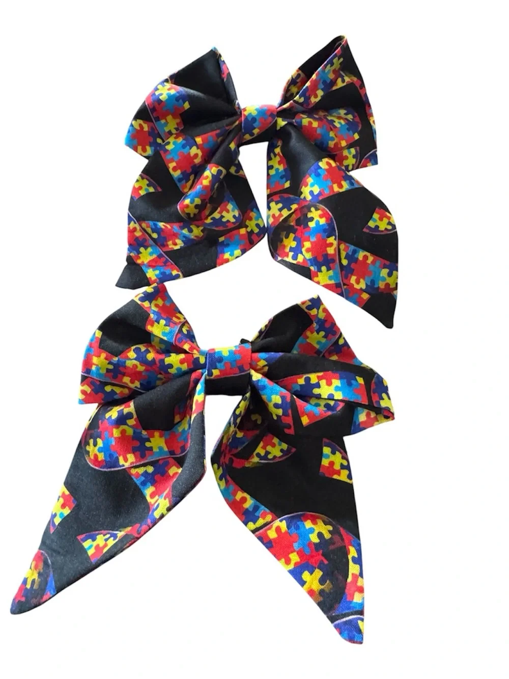 Autism Awareness Puzzle Ribbon Bow Hair Clips- Black Multicolor